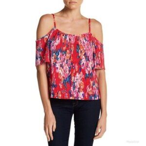 H.I.P. Womens Pink Floral Cold Shoulder Short Sleeve Crinkle Blouse Sz XS New